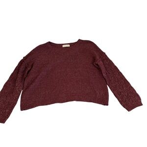 Knox Rose Womens XXL Burgundy Marled Chunky Knit Pointelle Sleeve Sweater Crop